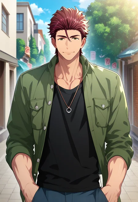 1boy, male focus,
 <lora:Character - Kenka Bancho Otome - Houou Onigashima:1> houou, brown eyes, red hair, hair slicked back, 
((zPDXL)), score_9_up, score_8_up, score_7_up, score_6_up, score_5_up, score_4_up, best quality, amazing quality, best aesthetic, absurdres, year2023, nsfw, game cg, official art, official style, uncensored,
<lora:Style - Ecstasy_Emperess:0.5> emper3ss, looking at viewer,
outdoors, street,
ring necklace, green jacket, black tanktop,