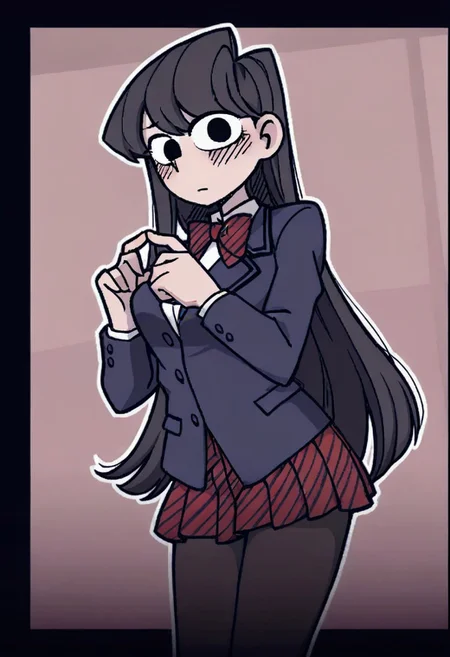 Masterpiece, best quality, aesthetic, high resolution, 1girl, solo, female, komi_shouko, black eyes, black hair, long hair, school uniform, red bowtie, blue jacket, blazer, long sleeves, striped, pleated skirt, red skirt, black pantyhose, looking at viewer, index fingers together, shy, blush, 
Vanripper