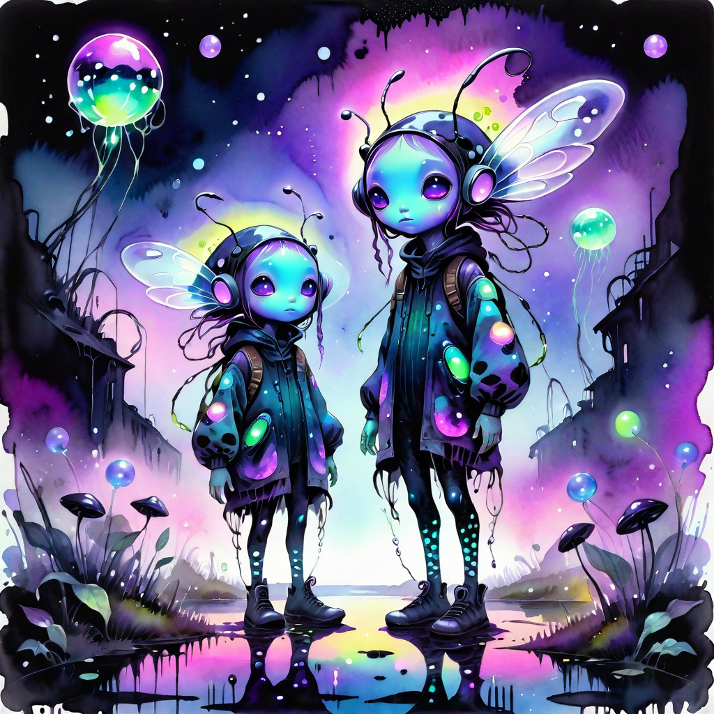 cheyenne, aliendance, restart, alien creature, Small floating firefly-like energy orbs, Dreamlike dystopian childrenâs illustration, Watercolor splatter lighting reflections, Muted pastel gradients blending into darkness, Deep Twilight & Neon Glow alien_wanderer, <lora:artfully_YOUNGALIEN_SDXL:0.8>,