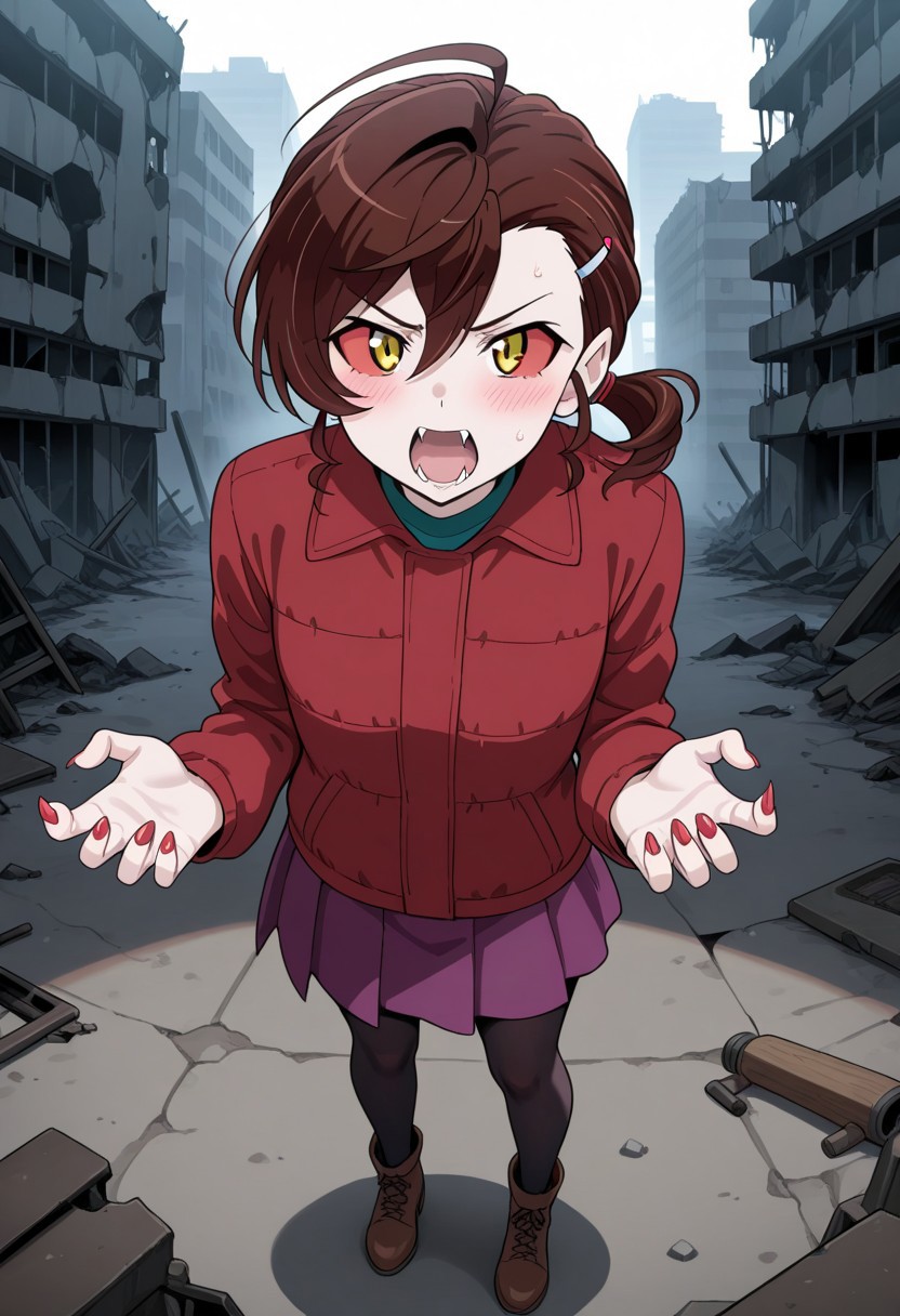 1girl,Inuyama Mana(GeGeGe no Kitarou),solo,post-apocalypse,1 hair tie,screaming,(fangs:1.2),pale skin,Scratch pose,intense movement,(lavenderblush skirt:1.2),crimson (Down jacket:1.3),(Placket jacket:1.3),(red sclera:1.5),red fingernails,(single hair intake:1.5),wavy hair,swept bangs and (hair pulled back:1.2),hair between eyes,(low ponytail),Ahoge,(Brown:1.5) medium hair,sideburns,Brown ankle boots,pantyhose,1 silver hairpin,post-apocalypse,masterpiece,best quality,amazing quality,perfect