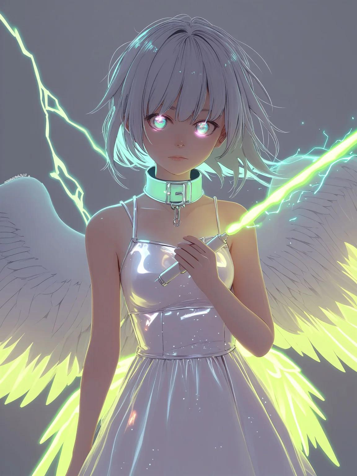 score_9,score_8_up,score_7_up,score_6_up,source_anime, shiny, shiny skin, <lora:servachok_pony_v1:0.8>, laser light clothes, <lora:laser_light_clothes_v0.5-pony:0.8>, c0l0urgl0w, <lora:c0l0urgl0wXLP:0.8>, glowneon, sparks, lightning, <lora:glowneon_xl_v1:0.8>, <lora:TQ_Iridescent_Fantasy_Creations:0.8>,
anime, masterpiece, bright colors, high contrast, vivid lighting, dark background, extremely detailed, hyper detailed, illustration, illustration, soft, beautiful, dreamy, glowing frame, 
1girl, wings, solo, blue_eyes, dress, long_hair, feathered_wings, white_dress, black_wings, breasts, looking_at_viewer, bangs, bare_shoulders, sleeveless, sleeveless_dress, angel_wings, medium_breasts, very_long_hair, closed_mouth, glowing, silver_hair, hair_between_eyes, grey_background, glowing_eyes, bare_arms, holding, detached_collar, partially_submerged, hands_up