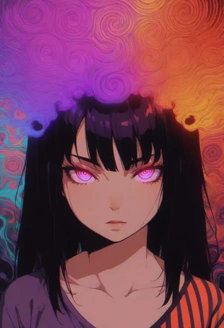 masterpiece, best quality, amazing quality, GTHAN, 1girl, solo, surreal, hypnotic eyes, spiral pattern, long dark hair, bangs, striped shirt, vibrant colors, psychedelic background, orange and purple hues, neon lighting, close-up, front view, intense gaze, digital art, fantasy, glowing eyes, colorful swirls, artistic, dreamy atmosphere, 0n3sp3g