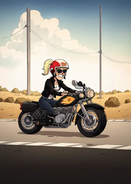 score_9, score_8_up, score_7_up, score_6_up, <lora:Regular_Show_Style:0.7>, regularshow, 1girl, motorcycle, helmet, detailed background, parking lot, sunglasses, grin, makeup, blond hair,