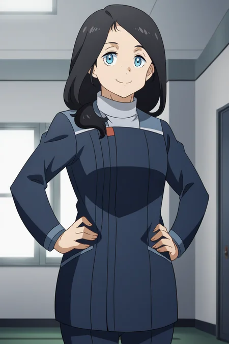 <lora:Belmeria_Winston:1>,bw,1girl,black hair,blue eyes,long hair,school uniform,cowboy shot,hands on own hips,looking at viewer,indoors,smile