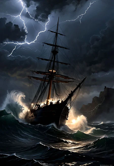 A stormy night at sea, with towering waves crashing against a doomed ship, as a terrified crew member clings to the mast, the ghostly silhouette of a spectral vessel appearing through the lightning flashes." This scene captures the intense and supernatural elements of Poe's maritime story "The Narrative of Arthur Gordon Pym of Nantucket.",dark, chiaroscuro, low-key