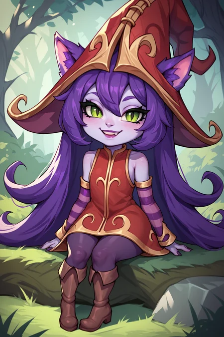 score_9, score_8_up, score_7_up, score_6_up, score_5_up, score_4_up, LuluLoLXL, shortstack, yordle, green eyes, purple hair, very long hair, sidelocks, bangs, animal ears, purple skin, colored skin, witch hat, ears through headwear, red dress, purple striped sleeves, purple pantyhose, boots, sitting, seductive smile, looking at viewer, forest, tree <lora:LuluLoLXL:0.7>