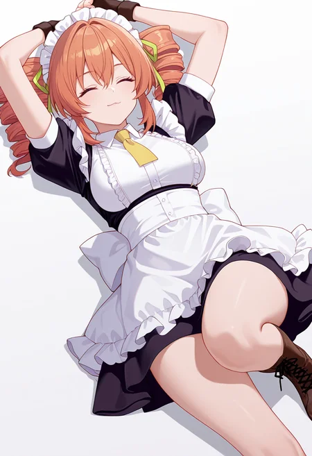 Smooth Quality,masterpiece,very intricate, high quality details, ultra realistic, high detailed skin,detailed enviorement,absurdres,
pointing forward,
<lora:Gertrude_Rainsworth_CNR_r2:0.8> gertrude_cnr, 1girl, orange hair, twin drills, purple eyes, hair between eyes, medium breasts,black dress, maid apron, frilled apron, puffy short sleeves,fingerless gloves, cross-laced footwear, yellow necktie, green ribbon,maid headdress, hair ribbon,, simple background, white background, front view,
lying down, hands behind head, one knee bent, relaxed expression, casual vibe, ,, ^ ^,