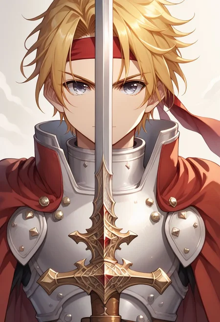 score_9, score_8_up, score_7_up, source_anime,
cress, armor, solo, red cape, 1boy, cape, headband, red headband, gloves, male focus, weapon, sword, blonde hair, breastplate,
swordup, looking at viewer, close-up