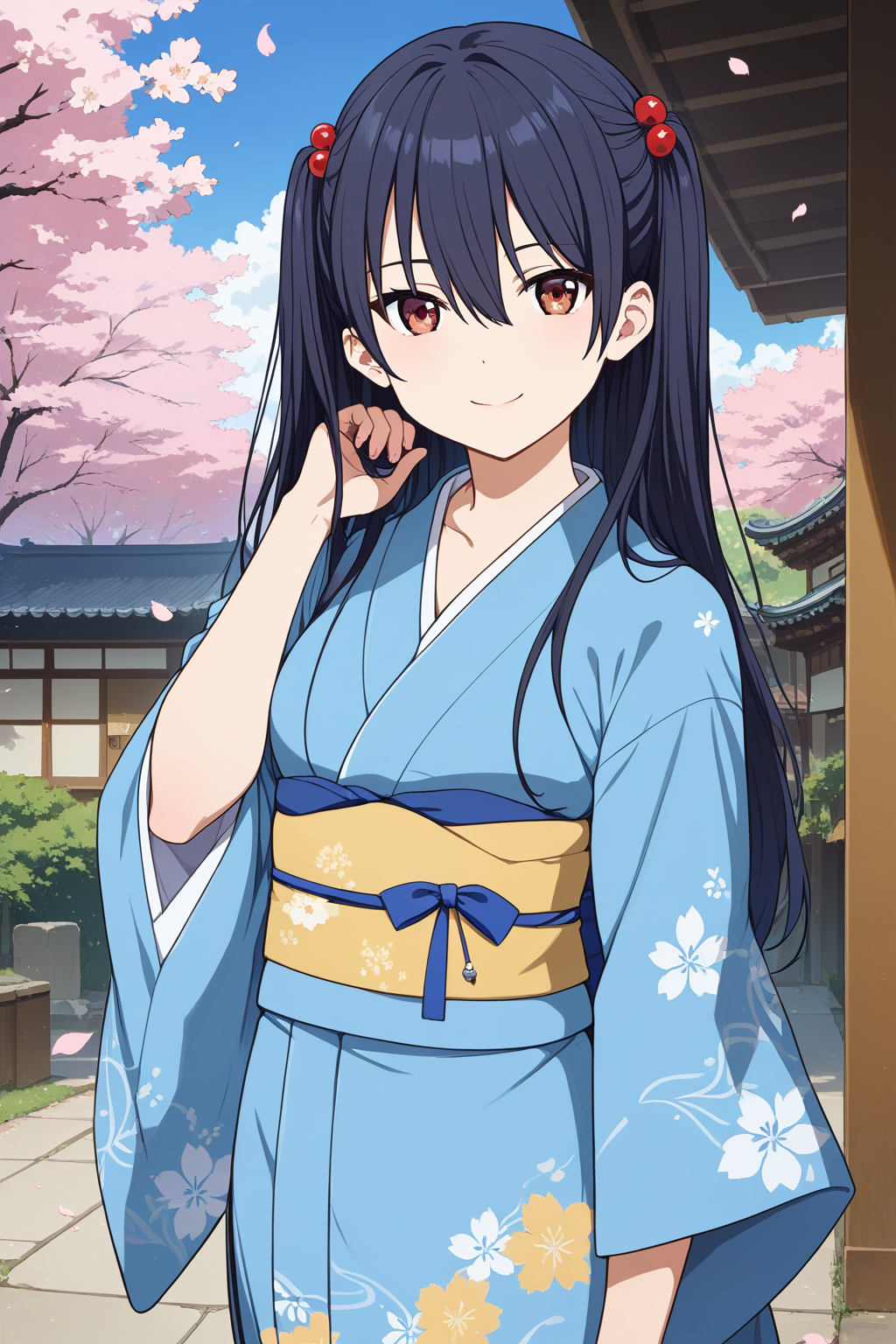 score_9,score_8_up,score_7_up,source_anime,
1girl,<lora:IchigyouRuri:0.9>,ichigyou ruri,long hair,brown eyes,black hair,hair between eyes,two side up,
<lora:furisode_Pony_V1.0:1>,jyojifuku,furisode,kimono,hair ornament,floral print,wide sleeves,blue kimono,
day,cherry blossoms,falling petals,outdoors,yard,
looking_at_viewer,closed mouth,smile,standing,hands on the hair,upper_body,
