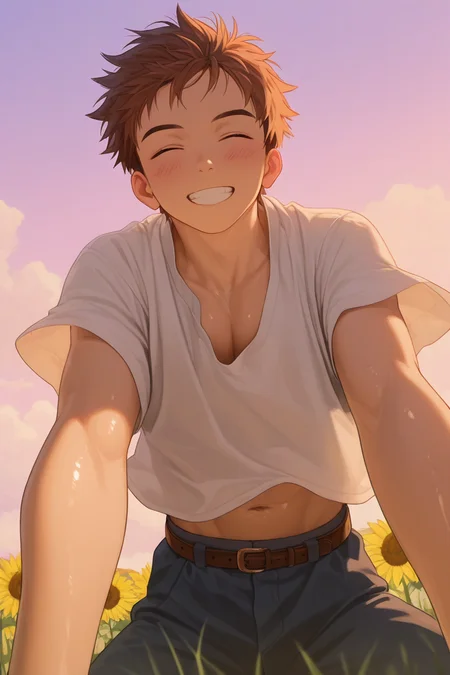 realistic shading, golden hour lighting, spring theme, on top of viewer focus, legs apart, male focus, leaning forward, looking at viewer, cute expressive face, naotafc, brown_naotafc_male hair, closed eyes, grin, wide smile, teeth, blushing, manly, 1boy, outstretched arms, oversized arms, navel, spring clothes, shirt, belt, pectoral cleavage, shiny skin, windy, floating clothes, outdoors, cloud, purple-pink gradient sky, sunflower, grass, from below, dutch angle, dynamic angle, bottompov, intricately detailed illustration, depth of field, atmospheric perspective, masterpiece, best quality, amazing quality, very aesthetic, absurdres, newest, anime screencap
