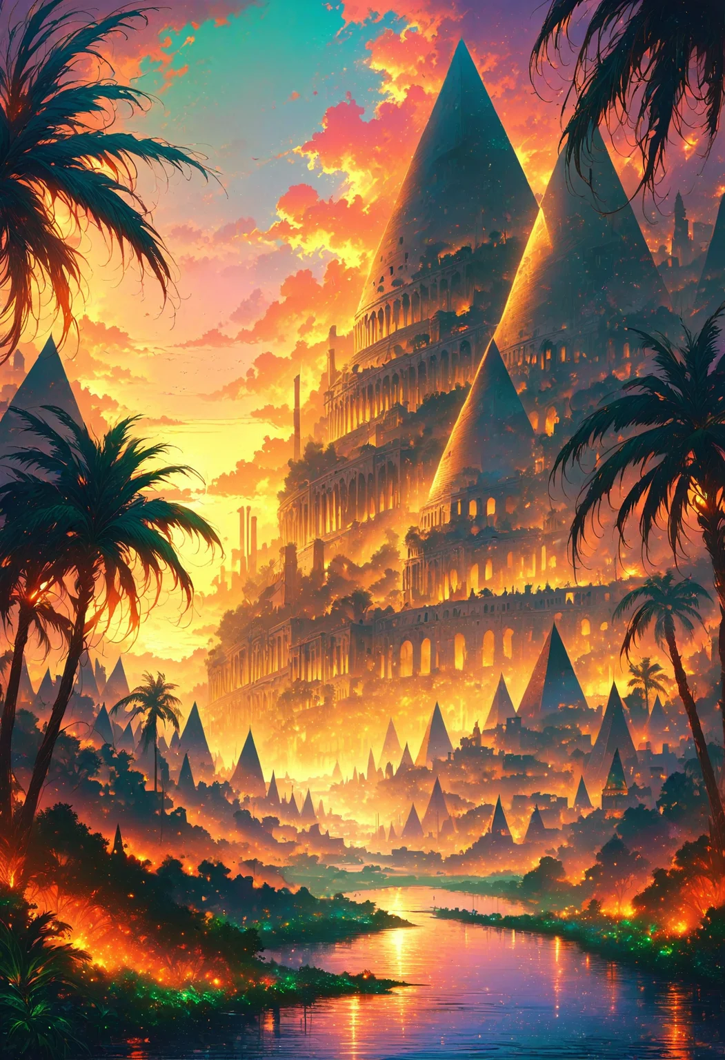 A breathtaking landscape of City of rome with coliseum at sunset, intricately crafted in hyper-realistic oil on canvas, evoking a sense of majestic wonder, surrounded by golden light and warm shadows, with the pyramids' towering silhouettes piercing the vibrant orange and pink hues of the sky, amidst a tranquil atmosphere, where palm trees sway gently in the breeze, and the river's calm waters reflect the fiery colors of the setting sun, with hints of turquoise and emerald green peeking from the lush vegetation.
<lora:DonM3t3rn1tyXL-v1.1:0.7>, DonM3t3rn1tyXL,
OverallDetailXL <lora:MJ52:0.3> <lora:SDXLFaeTastic2400:0.4> <lora:EpicF4nta5yXL:0.7>