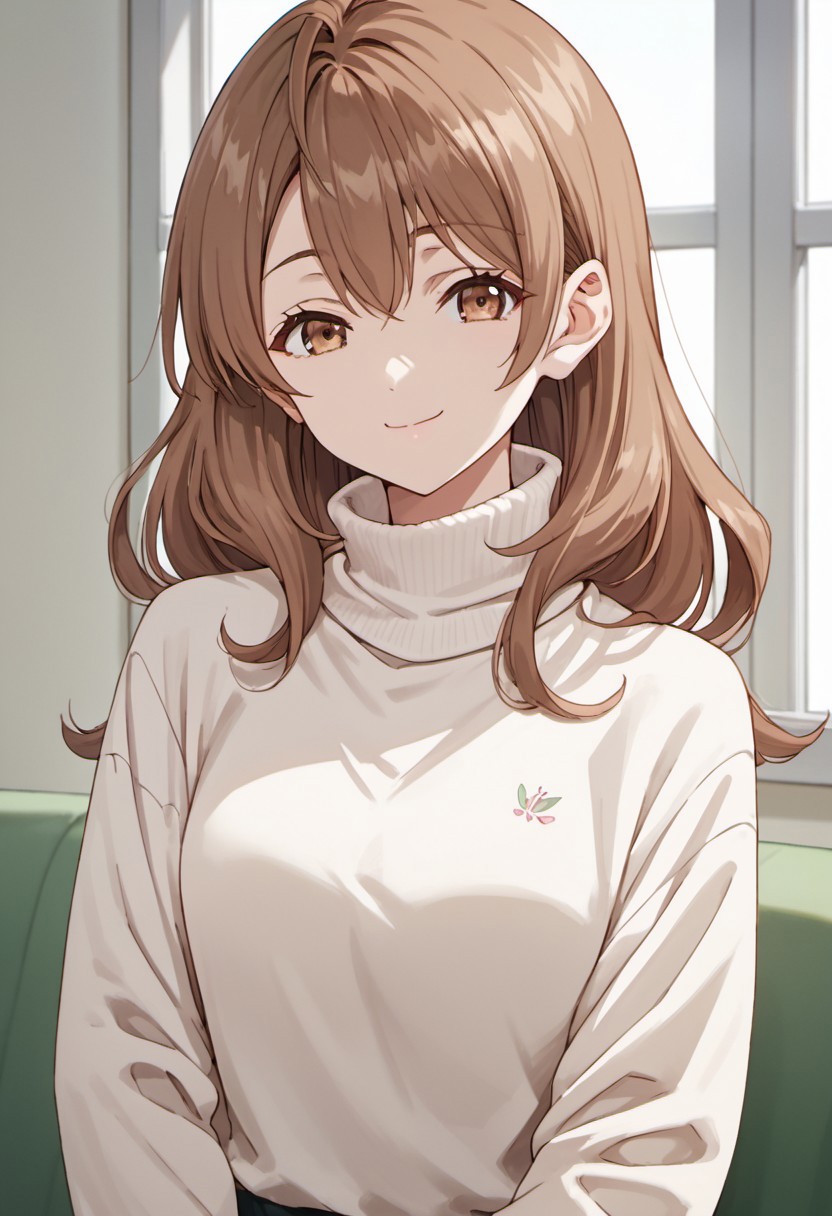 score_9, score_8_up, score_7_up, source_anime,maria mikhailovna kujou, brown hair, long hair, brown eyes, 1girl, solo, smile, upper body, closed mouth, sweater, anime coloring, turtleneck, long sleeves, anime coloring
