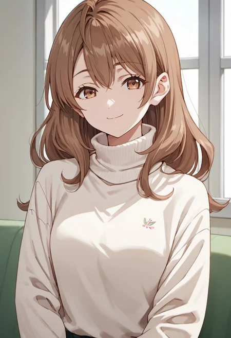 score_9, score_8_up, score_7_up, source_anime,maria mikhailovna kujou, brown hair, long hair, brown eyes, 1girl, solo, smile, upper body, closed mouth, sweater, anime coloring, turtleneck, long sleeves, anime coloring