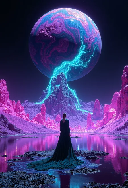 ancientstyle, A surreal, abstract digital landscape stretches before us, where a glitched market looms under a vast, purple and black sky. The medieval merchant lady stands at the market's edge, her teal and blue scales shimmering in the eerie glow. The market, fragmented and distorted, pulses with intricate dot and line patterns, casting hypnotic wavy shapes across the scene. Above, the void stretches endlessly, swirling with vivid, otherworldly hues that blend fluidly with the dark sky.
The patterns and colors twist unnaturally, with vibrant psychedelic tones stark against the high-contrast, minimalistic background. Amidst this chaotic yet captivating scenery, the merchant lady gazes into the void, her figure framed by the surreal, flowing motion of the glitching world around her. The strange mix of the distorted market, the alien sky, and the tranquil yet eerie scene creates a visual both majestic and unsettling, where the familiar warps into the unknown in a mesmerizing display. (fluid motion: 2.5) (high contrast: 2.3)