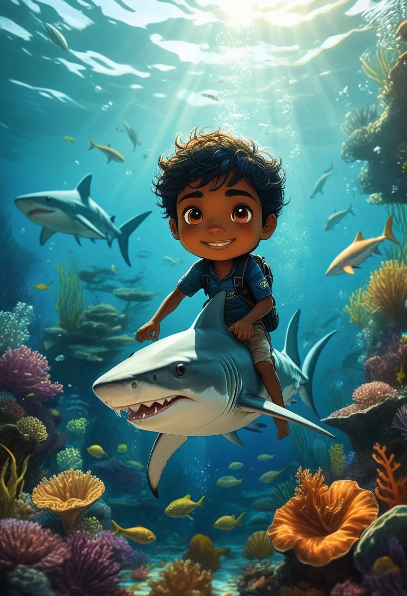 Happy young Sri Lankan boy riding on a shark underwater in Chibi style