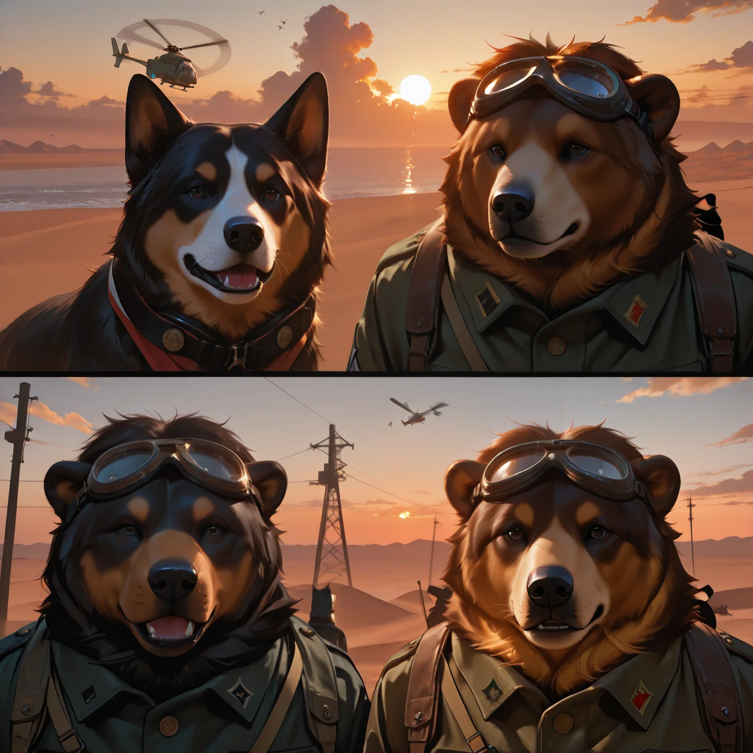 embedding:Stable_Yogis_PDXL_Positives2, embedding:Stable_Yogis_PDXL_Positives,  aircraft, airplane, animal, bat, bear, bird, black eyes, cloud, crow, desert, dog, dusk, evening, explosion, flame, flock, goggles, ground vehicle, helicopter, military, military vehicle, motor vehicle, no humans, ocean, orange sky, parody, power lines, real life insert, science fiction, seagull, sky, sun, sunset, twilight, utility pole, world war ii, Hana4, masterpiece, best quality, amazing quality, very aesthetic, absurdres,  newest, (scenery, volumetric lighting), 8k, detail, sharp focus, HDR