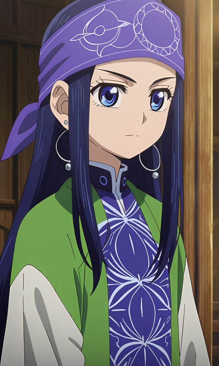 anime artwork Asirpa, blue hair, blue eyes, long hair, bandana, ear piercing,petite,flat chested,masterpiece,best quality,8k highres,detailed . anime style, key visual, vibrant, studio anime, highly detailed