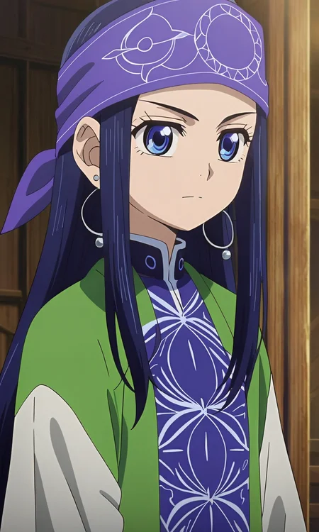 anime artwork Asirpa, blue hair, blue eyes, long hair, bandana, ear piercing,petite,flat chested,masterpiece,best quality,8k highres,detailed . anime style, key visual, vibrant, studio anime, highly detailed