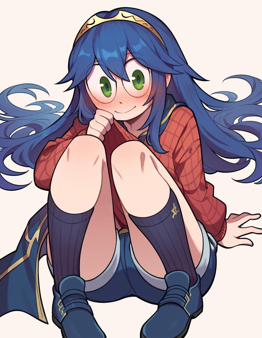 zPDXL2, score_9, score_8_up, score_7_up, score_6_up, score_5_up, score_4_up, 1girl, solo,
<lora:CWew33-20:0.9>  cwew, sketch, flat color, (round eyes:1.4), green striped shirt, purple overall shorts, plaid kneehighs, oxfords, looking at viewer, light smile, ear blush,
lucina \(fire emblem\), blue eyes, blue hair, long hair