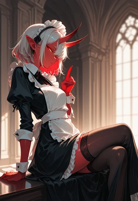 masterpiece, best quality, good quality, very awa, newest, highres, absurdres,(EyesHD:1.2), (4k,8k,Ultra HD), masterpiece, best quality, ultra-detailed, very aesthetic, sharp focus, depth of field, ray tracing, best lighting, detailed illustration, detailed background, cinematic, beautiful face, beautiful eyes,
BREAK
detailed background, eyelashes, erotic, looking seductive, coy. dynamic action image, detailed face, detailed eyes, direct mesmerizing gaze,
BREAK
(sexy, slutty, hot, aroused),
Aka-Oni, oni, colored skin, (red skin:1.3), straight horns, solo,
BREAK
96yottea,
1girl, solo, looking at viewer, half-closed eyes, one eye closed, leaning back,
two-finger salute,
crossed legs, thighhighs, detailed eyes, glowing eyes,
long dress, maid, maid headdress, interlocked fingers, arms support,
backlighting, from side, profile,