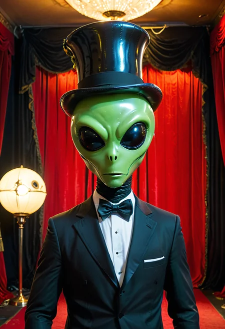 shnywrld, inflatable, scifi, colorful, luminous, a green shnywrld alien, yellow spots, wide black eyes, almond shaped, wearing a top hat and tuxedo, rose in its mouth, on stage, directional lighting, red theater curtain background, masterpiece, amazing quality, best quality, very aesthetic, absurdres, detailed background, low angle. <lora:shinyworld:.8> <lora:zavy-cntrst-sdxl:.8> dark, chiaroscuro, low-key <lora:xl_more_art-full_v1:.8>
