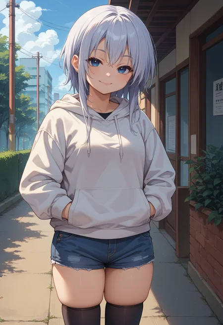score_9, score_8_up, source_anime, 1girl, solo, HimejiShirayuki, medium hair, sidelocks, white hoodie, denim shorts, black thighhighs, skindentation, hands in pockets, outdoors, smile, smug, <lora:ChamHimejiShirayukiPonyXL:1>