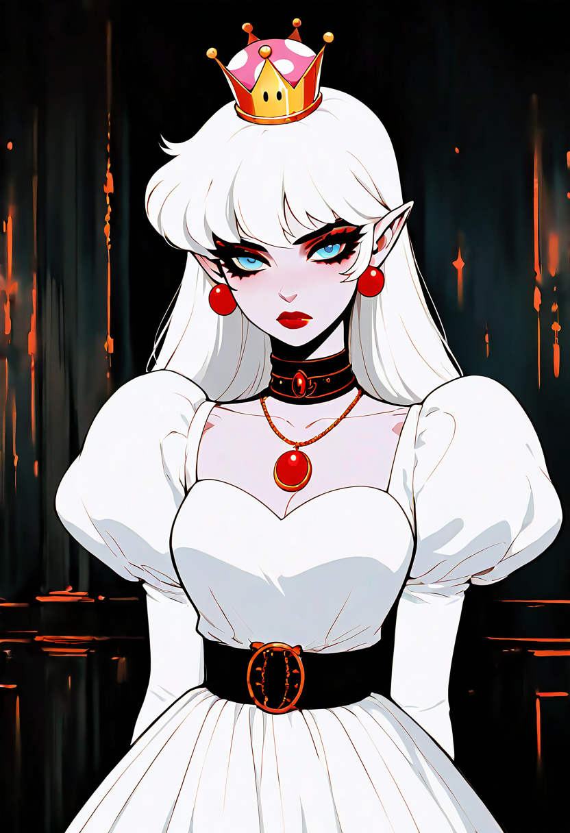(masterpiece, best quality, good quality, very aesthetic, absurdres),    1girl, solo, eyelashes, (beautiful eyes),   1girl, solo, long hair, breasts, looking at viewer, bangs, blue eyes, long sleeves, jewelry, closed mouth, upper body, white hair, earrings, choker, pointy ears, puffy sleeves, belt, necklace, collar, colored skin, lipstick, juliet sleeves, elf, wall, long hair, looking at viewer, blue eyes, long sleeves, closed mouth, upper body, white hair, pointy ears, puffy sleeves, colored skin, red lips , Boosette_Mario,  1girl,  long hair,  white hair,  long white dress,  ballroom dress,  white gloves, <lora:GothRetroNAI:0.8>,  <lora:Boosette_Mario_SDXL:1.0>,