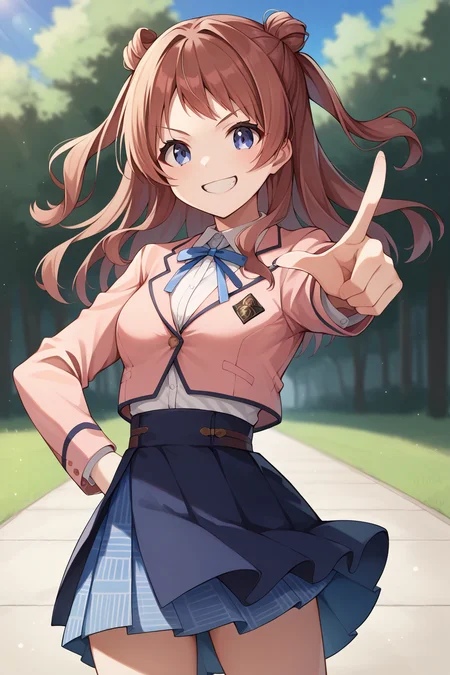 score_9, score_8_up, score_7_up, source_anime, sakihanami, <lora:hanami_saki_XL:0.9>, 1girl, solo, brown hair, long hair, hair bun, double bun, two side up, blue eyes, looking at viewer, smile, medium breasts, school uniform, blazer, cropped jacket, white shirt, collared shirt, neck ribbon, blue ribbon, blue skirt, pleated skirt, overskirt, outdoors, cowboy shot, teeth, pointing, hand on own hip
