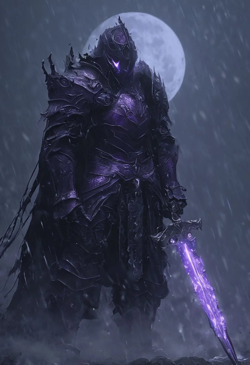 half mask covering mouth, long black hair, glowing purple eyes, purple glowing plate armor, fantasy, dark souls, 4k quality, high resolution, dark scenery, holding glowing rune sword, holding skull shield in left hand, glowing black eyes, fog, realistic, raining, HKStyle, full body, walking, full moon behind