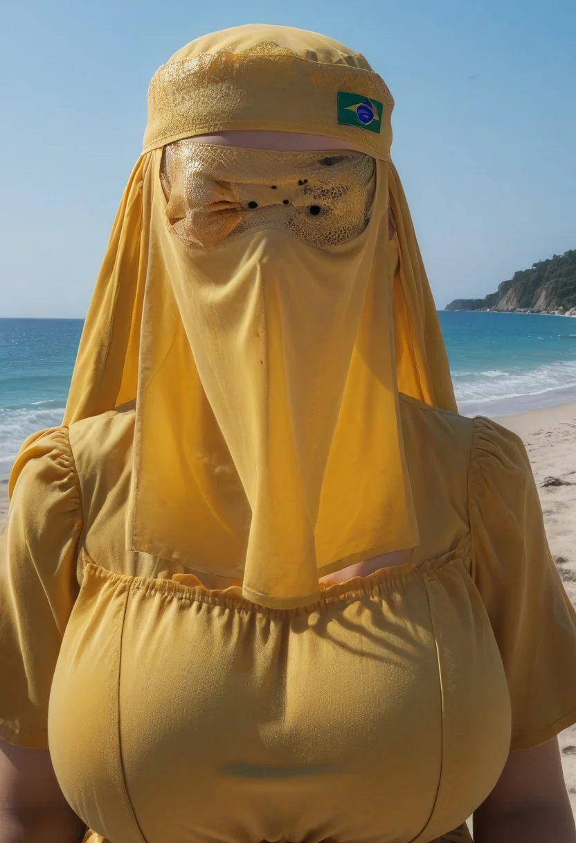 (Sexy busty) woman with (gigantic breasts)+++ donnaxl, imtdbrmiku, oversized yellow shirt dress, brazil flag on oversized yellow shirt dress, full veil, shaded face, head covered, eyes covered, yellow head veil, face covered, eyes covered, head covered, faceless, (in a seaside hut)+++