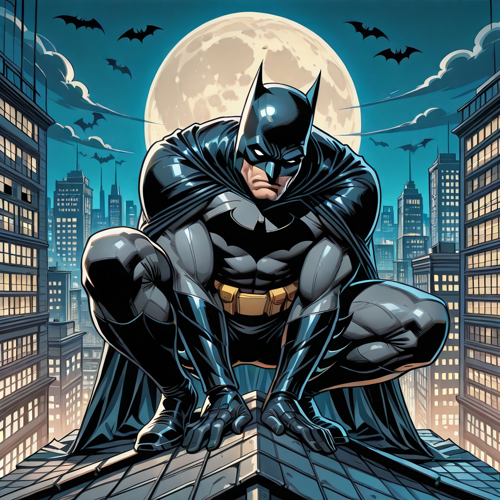 <lora:Batman_-_IO_Illustrious:1>,1boy,Batman,cowl,cape,batsuit,white eyes,blank eyes,crouching,on a rooftop,night scene,in front of the Gotham City skyline,moon,bats,