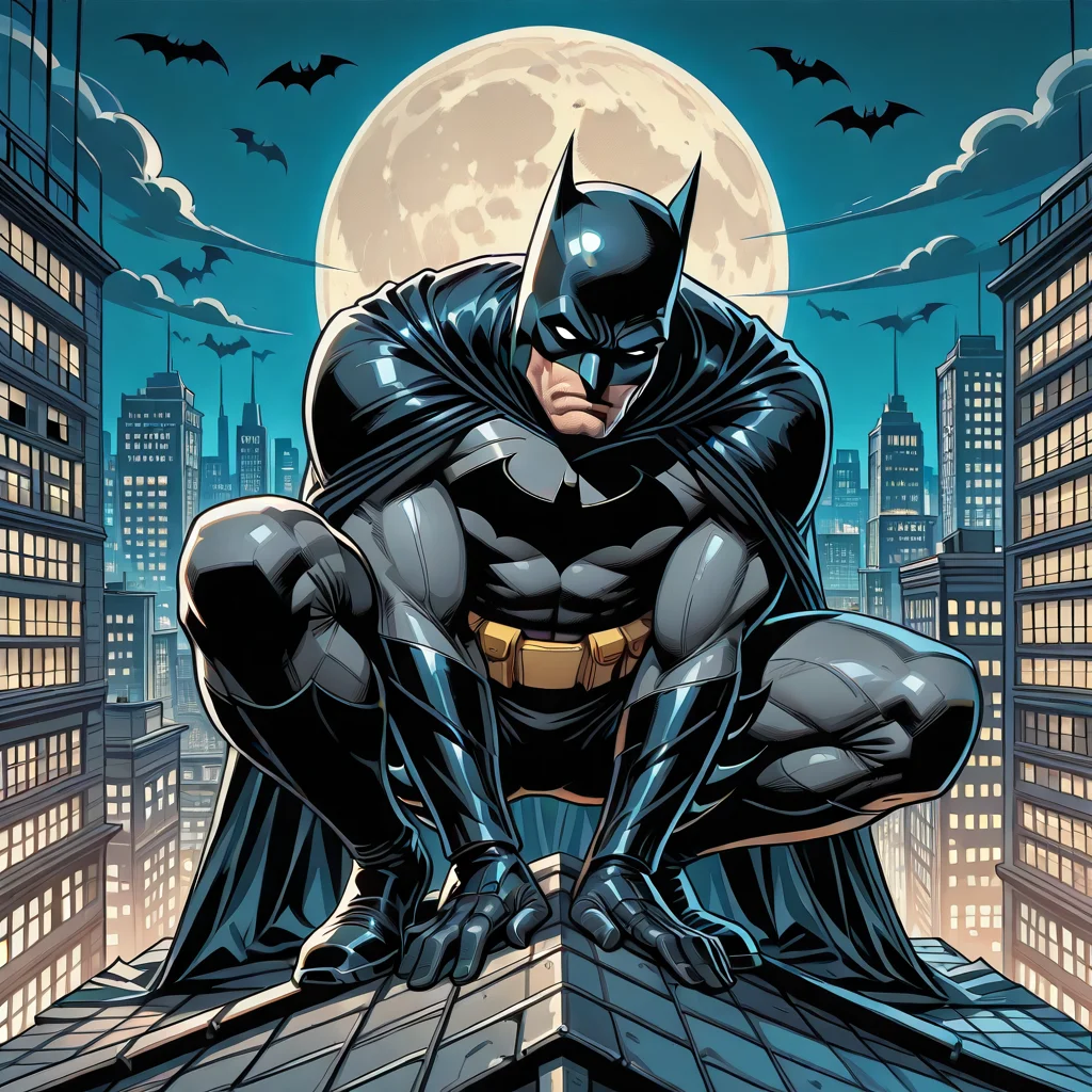 <lora:Batman_-_IO_Illustrious:1>,1boy,Batman,cowl,cape,batsuit,white eyes,blank eyes,crouching,on a rooftop,night scene,in front of the Gotham City skyline,moon,bats,