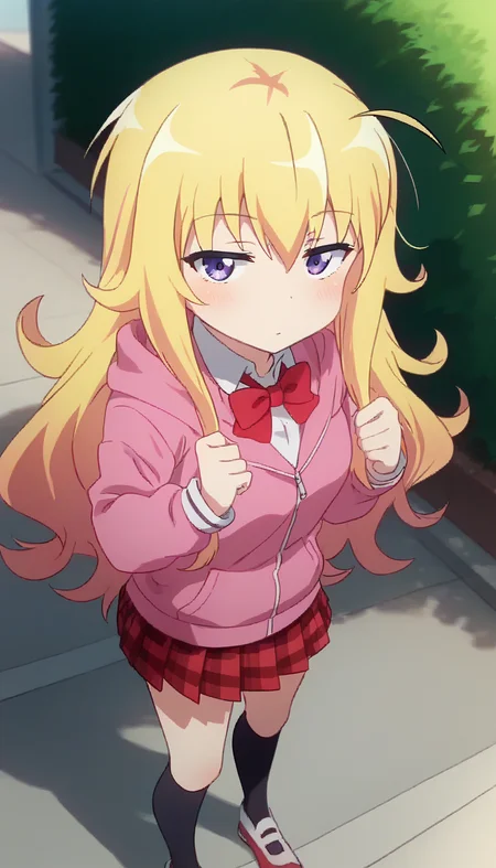 score_9,score_8_up,score_7_up,score_6_up BREAK official art,solo,outdoors,cowboy shot,looking at viewer,facing viewer,blush,sleepy,expressionless,deadpan,Gabriel Tenma White,ahoge,very long hair,blonde hair,messy hair,sidelocks,hair between eyes,bangs,purple eyes,half-closed eyes,pink hoodie,red bowtie,collared shirt,white shirt,small breasts,red skirt,pleated skirt,plaid skirt,black socks,uwabaki,<lora:Gabriel Tenma White(gd)-Pony:1.8>,