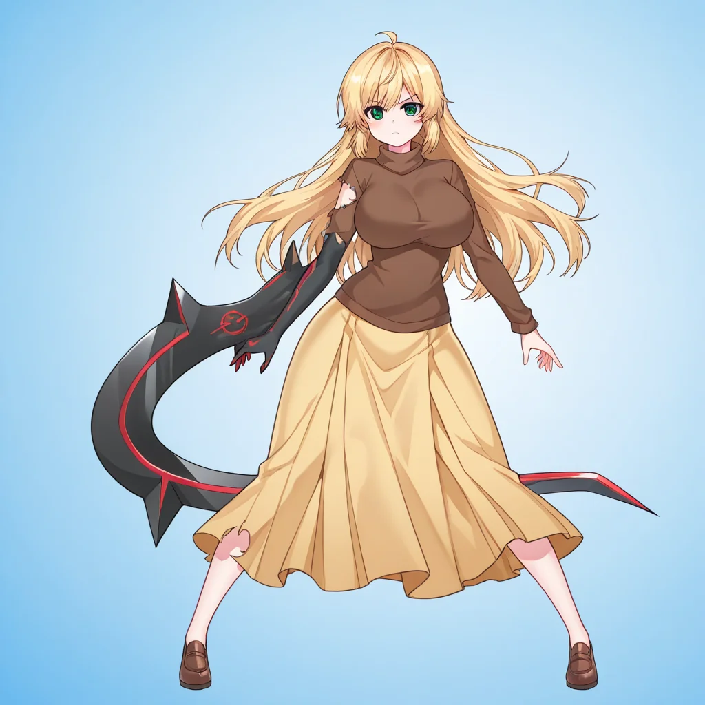 mbdj, black arm, arm blade, 1girl, solo,magicalangelfairyprincess, blonde hair, green eyes, long hair, straight hair, hair down, ahoge, green eyes, large breasts, brown shirt, long sleeves, sweater, turtleneck, yellow skirt, long skirt, torn sleeve, serious, full body, legs apart, blue background, fog, mist,