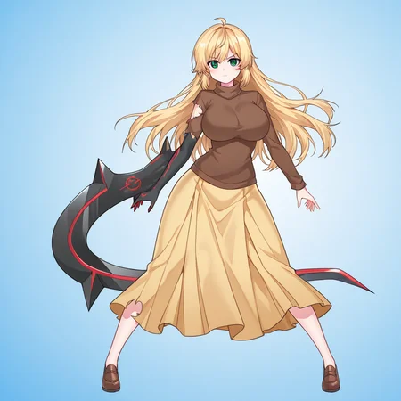 mbdj, black arm, arm blade, 1girl, solo,magicalangelfairyprincess, blonde hair, green eyes, long hair, straight hair, hair down, ahoge, green eyes, large breasts, brown shirt, long sleeves, sweater, turtleneck, yellow skirt, long skirt, torn sleeve, serious, full body, legs apart, blue background, fog, mist,