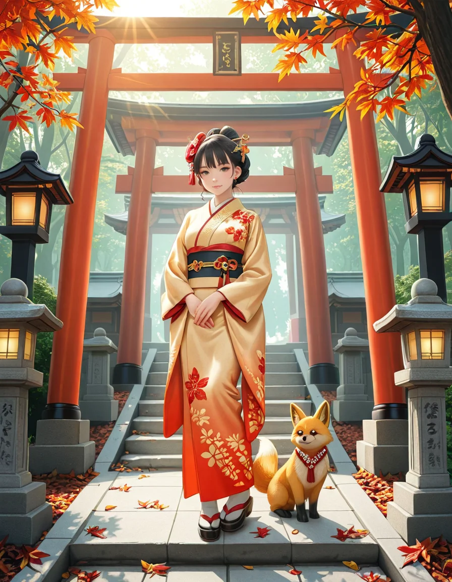 looking at viewer,A graceful Japanese woman standing in front of a traditional Inari shrine, wearing an elegant mauve kimono adorned with intricate floral patterns. Her dark hair is styled in a classic updo, decorated with delicate kanzashi hair ornaments. She has a serene and contemplative expression as she gazes towards the shrine. The scene is set in the late afternoon, with soft golden sunlight filtering through the vibrant red torii gates that create a tunnel leading to the shrine. The ground is covered with autumn leaves in warm shades of red, orange, and yellow. Stone fox statues, draped with sacred red bibs, guard the entrance, adding to the shrine's mystical aura. Traditional stone lanterns emit a soft, warm glow, enhancing the spiritual and tranquil ambiance. The background features lush greenery, contrasting with the shrineâs vivid vermillion hues. The image is in a photorealistic style, with high dynamic range lighting, capturing every intricate detail from the fabricâs texture to the play of light and shadows, evoking a sense of peace and tradition.
<lora:SDXLFaeTastic2400:0.4> <lora:extremely_detailed:0.4> extremely detailed, <lora:Inari_shr1n3:1>,Inari shr1n3, Masterpiece,best quality,hi res,8k,hi res,8k,award winning,(sharp focus, intricate, highly detailed),