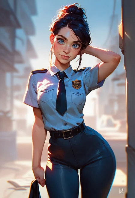(score_9, score_8_up, score_7_up), 1girl, freckles, 1woman, gorgeous girl, kawaii face, looking at viewer, cute face, cute woman, updo, police officer, (slim fit), sexy thighs, ((wide hips)), in uniform, on the street