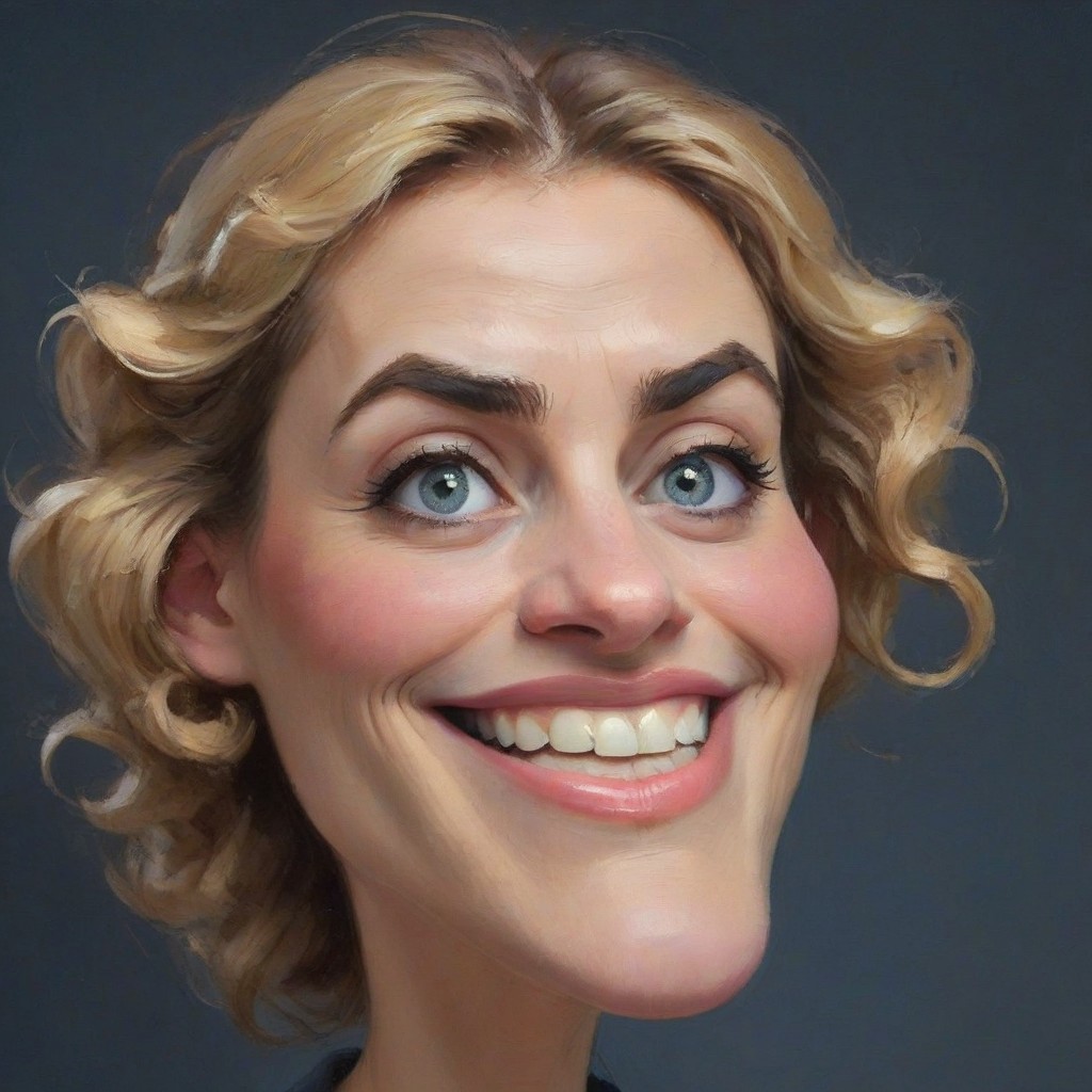 Create a detailed caricature portrait of a woman, emphasizing her unique features through humorous exaggeration. The head is elongated and slightly bulbous, with the hair styled in neat, wavy blonde locks, pulled back to highlight her face. Enlarge her forehead and give it a smooth, shiny texture. Her eyes are large and bright blue, slightly squinted, with long, exaggerated eyelashes and finely arched eyebrows that are thick and expressive. The cheeks are prominently round and rosy, giving her a cheerful appearance.
Her nose is small and slightly upturned, adding a delicate touch to her face. The mouth is a central focus, exaggerated to be extremely wide with full, glossy lips in a vivid pink shade, forming a broad, joyful smile. The teeth are large and perfectly white, enhancing the sense of a beaming grin. The chin is elongated and slightly pointed, complementing the overall stretched look of her face.
The ears are slightly enlarged and stick out slightly, adding to the playful and exaggerated nature of the caricature. The neck is long and slender, leading to a simple, dark top that ensures the focus remains on her expressive face. The background is a smooth, cool gradient with shades of gray, providing a neutral backdrop that highlights the vivid and exaggerated facial features.
This composition captures the essence of a caricature by humorously amplifying the woman’s distinctive features, creating an engaging and memorable portrait