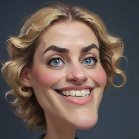 Create a detailed caricature portrait of a woman, emphasizing her unique features through humorous exaggeration. The head is elongated and slightly bulbous, with the hair styled in neat, wavy blonde locks, pulled back to highlight her face. Enlarge her forehead and give it a smooth, shiny texture. Her eyes are large and bright blue, slightly squinted, with long, exaggerated eyelashes and finely arched eyebrows that are thick and expressive. The cheeks are prominently round and rosy, giving her a cheerful appearance.
Her nose is small and slightly upturned, adding a delicate touch to her face. The mouth is a central focus, exaggerated to be extremely wide with full, glossy lips in a vivid pink shade, forming a broad, joyful smile. The teeth are large and perfectly white, enhancing the sense of a beaming grin. The chin is elongated and slightly pointed, complementing the overall stretched look of her face.
The ears are slightly enlarged and stick out slightly, adding to the playful and exaggerated nature of the caricature. The neck is long and slender, leading to a simple, dark top that ensures the focus remains on her expressive face. The background is a smooth, cool gradient with shades of gray, providing a neutral backdrop that highlights the vivid and exaggerated facial features.
This composition captures the essence of a caricature by humorously amplifying the woman’s distinctive features, creating an engaging and memorable portrait