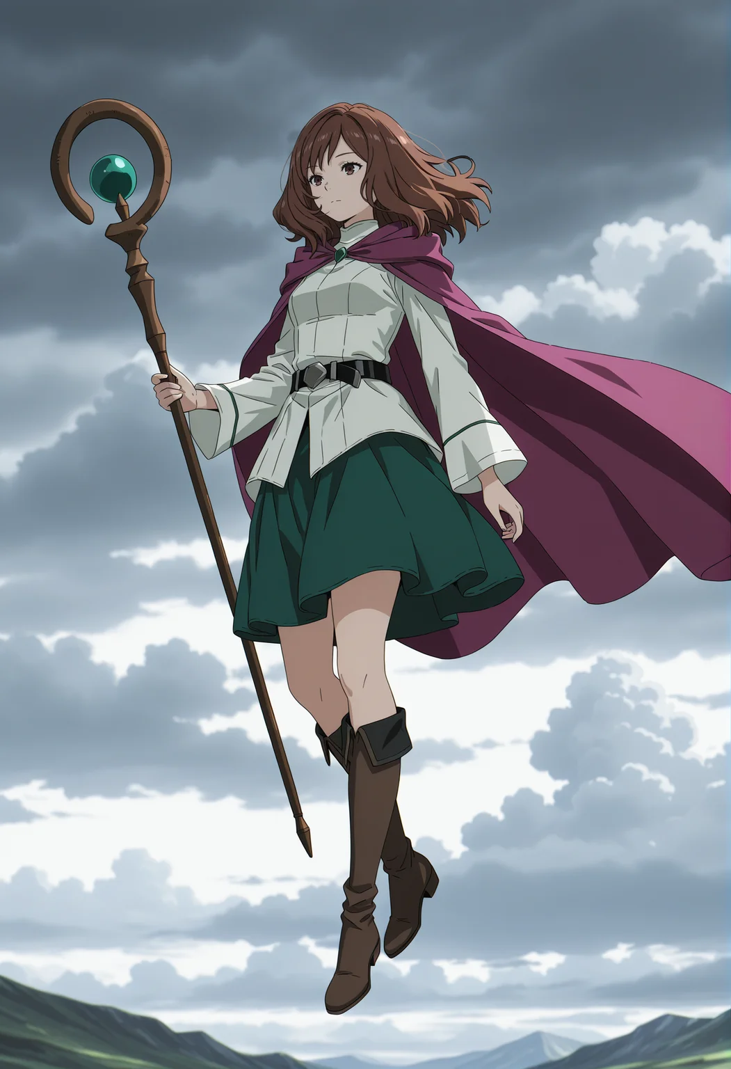 Ehre,Ehre,solo,staff,holding,cape,green skirt,belt,holding staff,closed mouth,cloud,long sleeves,skirt,purple cape,sky,boots,cloudy sky,black belt,outdoors,floating,brown hair,white clothes,green skirt,