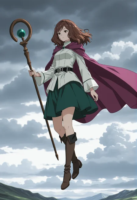 Ehre,Ehre,solo,staff,holding,cape,green skirt,belt,holding staff,closed mouth,cloud,long sleeves,skirt,purple cape,sky,boots,cloudy sky,black belt,outdoors,floating,brown hair,white clothes,green skirt,