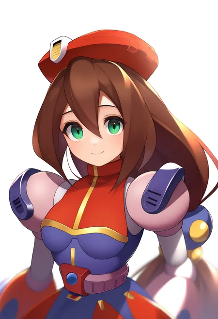masterpiece, best quality, very aesthetic, absurdres,
1girl, airisu, brown hair, low-tied long hair, long hair, hair between eyes, green eyes,
beret, android, robot, skirt,
upper body,
smile, looking at viewer, solo, simple background, white background, <lora:IrisNoobXL_byKonan:1>