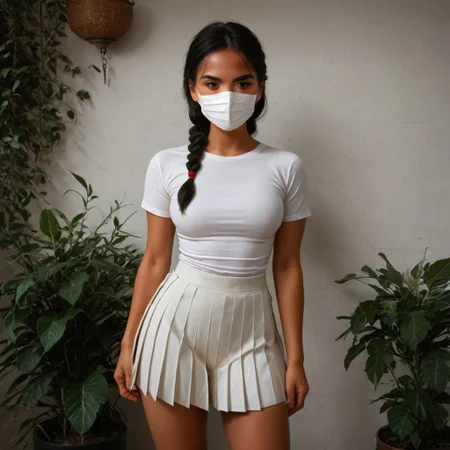 maskhideface, cotton mask, score_9, score_8_up, score_7_up, 18 years old,zPDXL3, Western Comics, 1girl, medium  breasts, , native american, black twin braid hair,white shirt, tight shirt, (white skirt), pleated skirt, cute face, standing, indoor, intricate detail, sunlight,,
