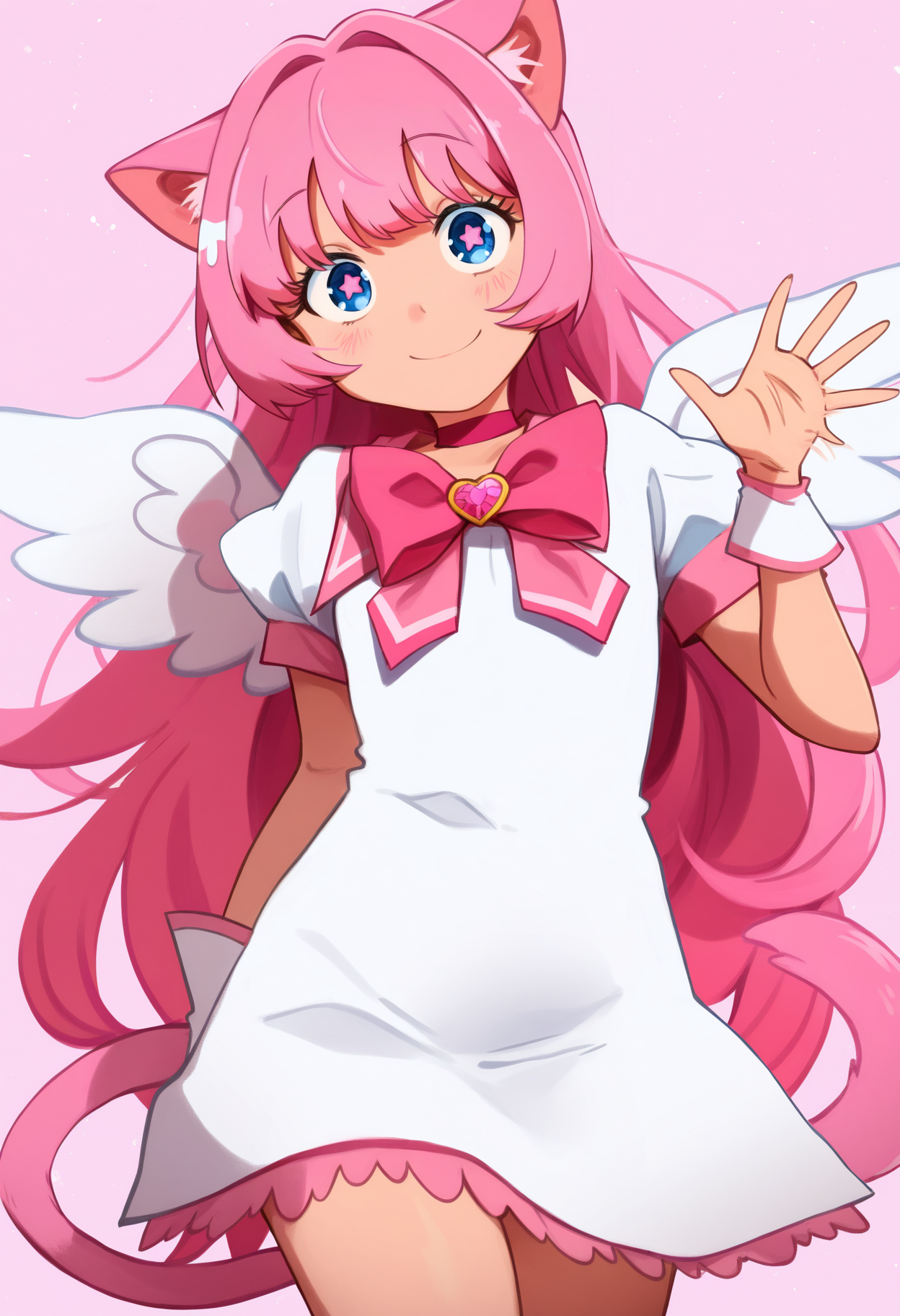khyleri,
best quality, amazing quality, very aesthetic, absurdres,
BREAK
1girl, angel wings, animal ears, blue eyes, cat ears, cat girl, cat tail, dress, long hair,
looking at viewer, magical girl, pink hair, pink theme, solo, tail, waving, wings, yume kawaii, yume ne,  <lora:KhyleriNoobLocon_byKonan:1>