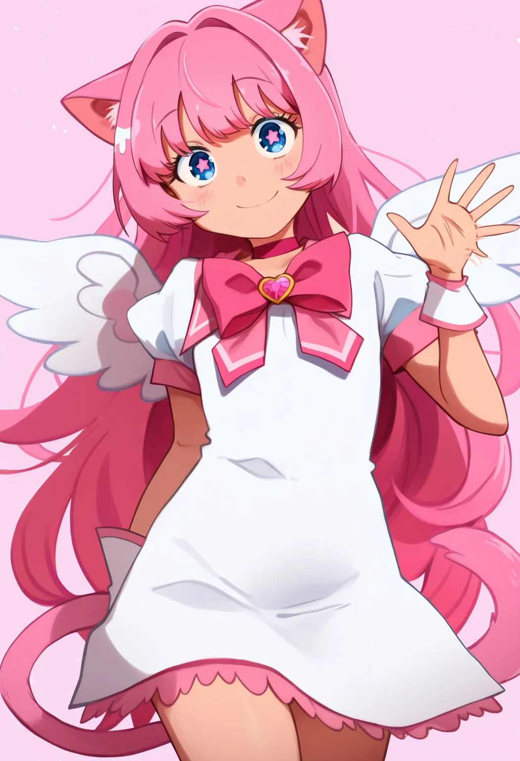 khyleri,
best quality, amazing quality, very aesthetic, absurdres,
BREAK
1girl, angel wings, animal ears, blue eyes, cat ears, cat girl, cat tail, dress, long hair,
looking at viewer, magical girl, pink hair, pink theme, solo, tail, waving, wings, yume kawaii, yume ne, <lora:KhyleriNoobLocon_byKonan:1>