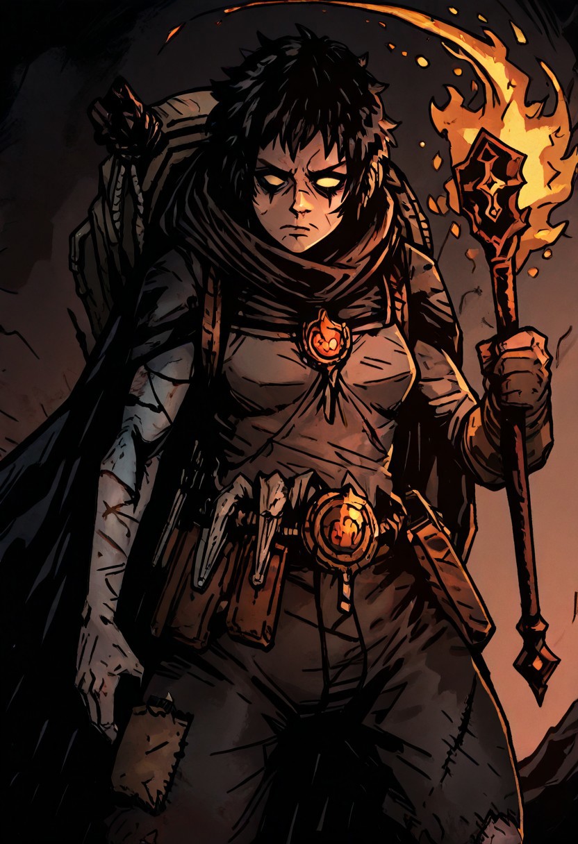 masterpiece, best quality, newest, absurdres, highres,  
TTCSV1.0, mark_gavatino, mark gavatino style,
1girl, DDRAW-V1.0, cape, black hair, short hair, small breasts, backpack, rags, weapon, holding weapon, fire,