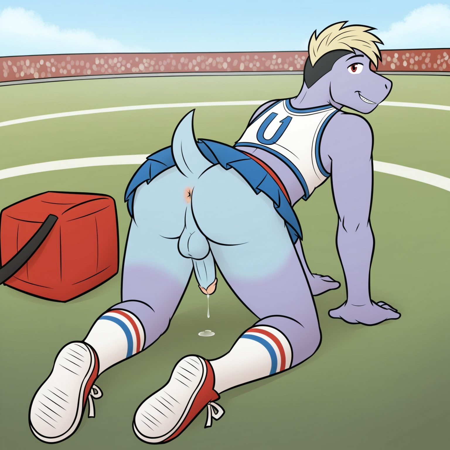 safe_pos, artwork, digital artwork, colourful source_e621, score_9, score_8_up, score_7_up, score_6_up, score_5_up, score_4_up, solo, Rex, male, machop, pokemon, red eyes, white sclera, blonde hair, short hair, (penis, balls, circumcised, precum), wearing cheerleader outfit, skimpy outfit, slutty outfit, cheerleader tank top, short tank top, cheerleader skirt, high socks, shoes, on all fours, all fours, legs apart, looking back at viewer, looking up at viewer, over shoulder, ass focus, ass, anus, pink anus, looking over shoulder, detailed hands, flat colors, natural light, perfect mouth, perfect teeth, outdoors, outside, on ground, on grass, American football field, detailed background, daytime, day time, day, daylight, sunlight, full body view, full body, angled view, stadium, sky, kneeling, on knees, thick ass, tail, 