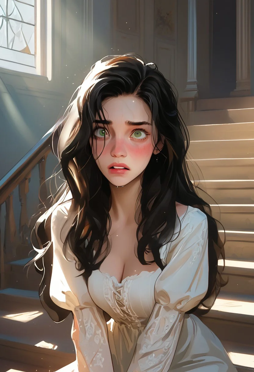 score_9, score_8_up, score_7_up, realistic, mansion, staircase, 1girl, 18 years old, nobility, somptuous revealing dress, expensive jewelry, perfect face, intricate features, light particles, gorgeous girl, (youthful:1.2), picture perfect, thin, long hair, black hair, green eyes, gorgeous, smokey eyes, slanky, skinny, dramatic lighting, sexy girl, pale skin, freckles, dynamic scene, feeling sick, blush, embarassed, vomit, puke, vomiting, puking