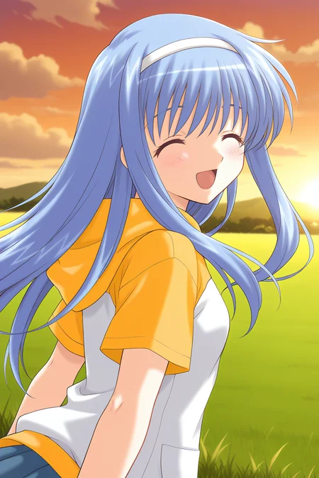 masterpiece, best quality, absurdres, official art, official style, rating general BREAK <lora:takayashikimatsuri_IL_v1-1:0.7>, takayashiki matsuri, 1girl, solo, blue eyes, blue hair, long hair, sidelocks, white hairband, casual, white hoodie, yellow sleeves, yellow hood, hood down, short sleeves, raglan sleeves, outdoors, grass, sunset, cloud, sky, upper body, portrait, scenery, upskirt, field, cloudy sky, twilight, evening, blurry, orange sky,
blush, :d, ^ ^, ^o^, closed eyes, happy, happy smile, open mouth
