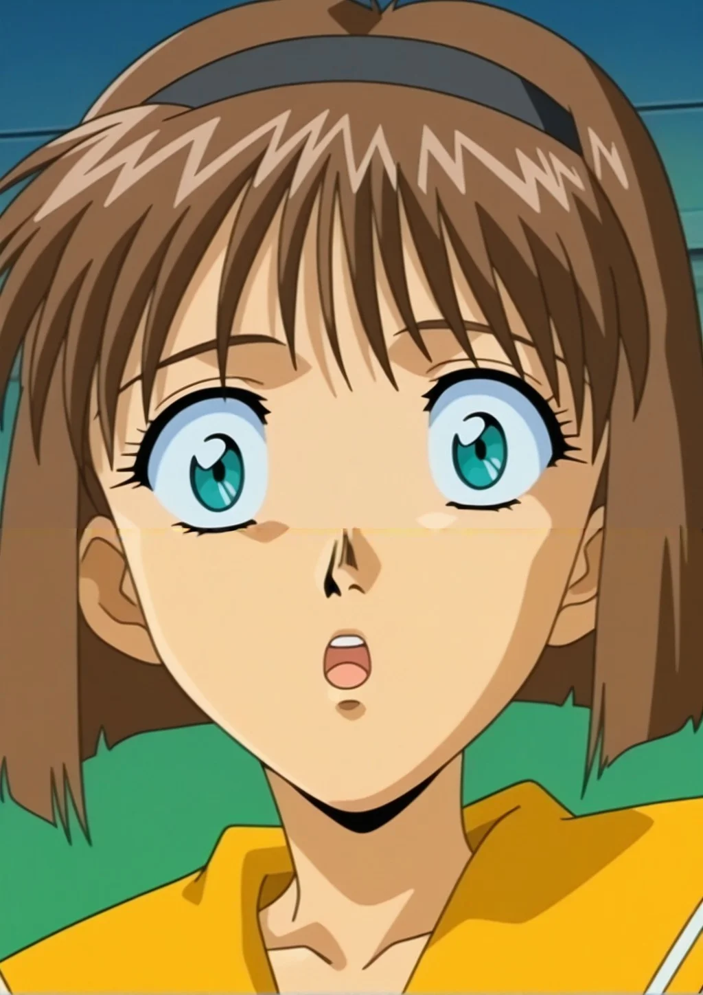 1990s (style),anime coloring,anime screencap,looking at viewer,dutch angle,<lora:Tomoko_Kitazawa_Illustrious_from_Immoral_Sisters (1):1>,tomoko,brown hiar,short hair,portrait,schooluniform,shocked,